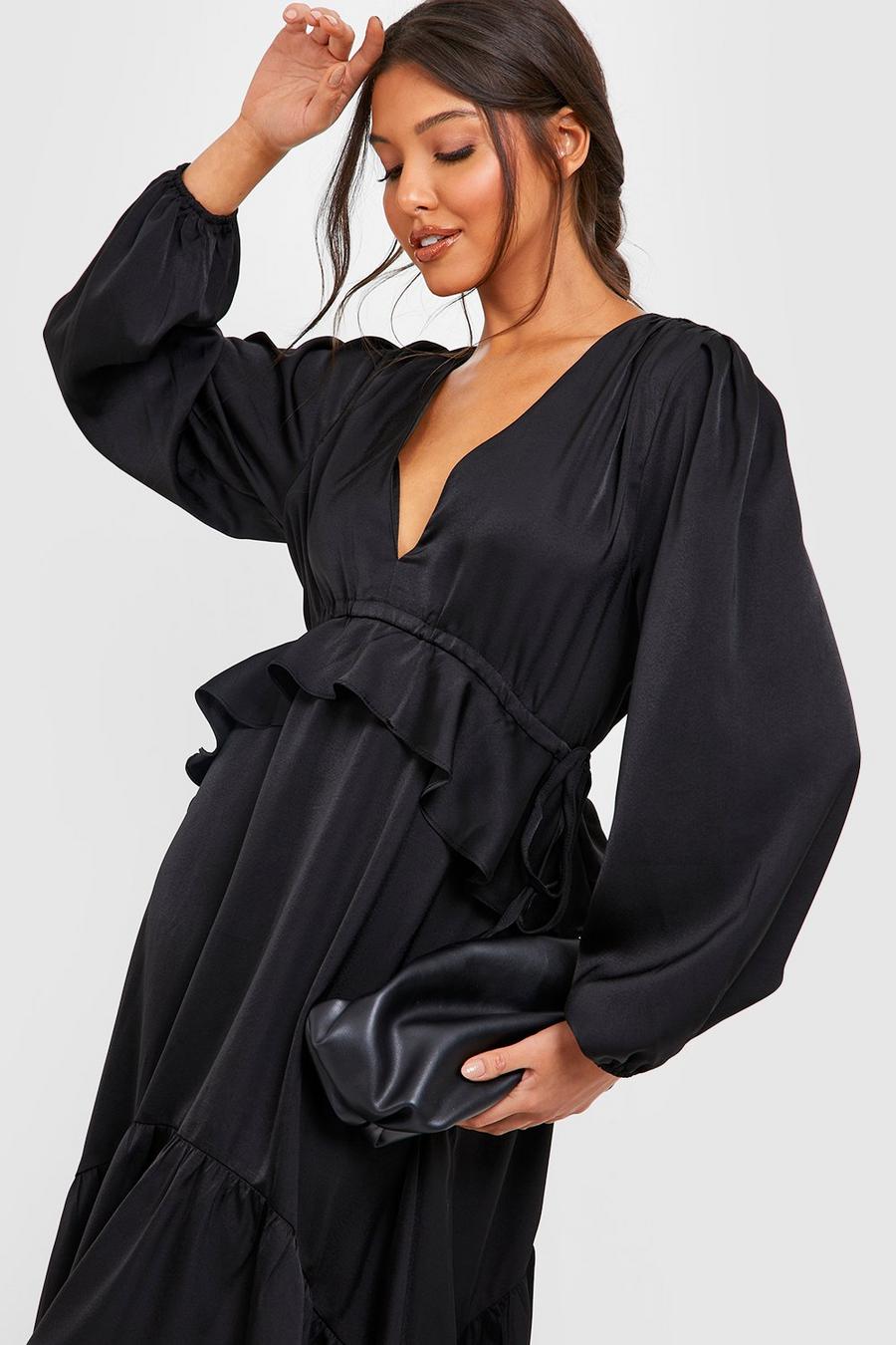 Black Satin Ruffle Plunge Midi Dress