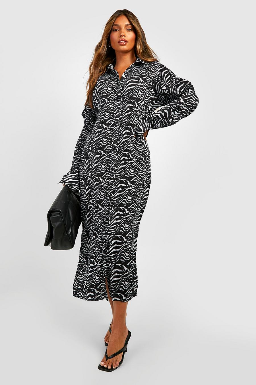 Black Premium Plisse Zebra Shirt Dress image number 1