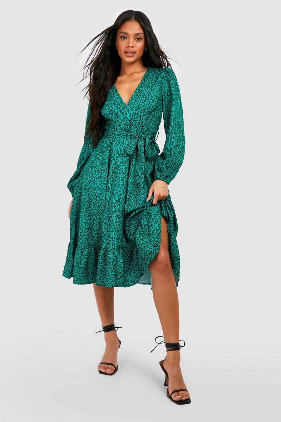 Emerald Animal Ruffle Wrap Midi Dress