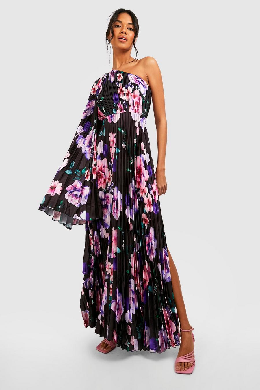 Black Pleated Floral Satin Asymmetric Maxi Dress