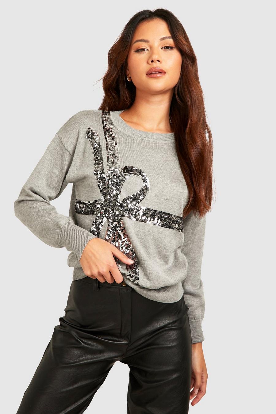 Grey Petite Sequin Bow Christmas Sweater