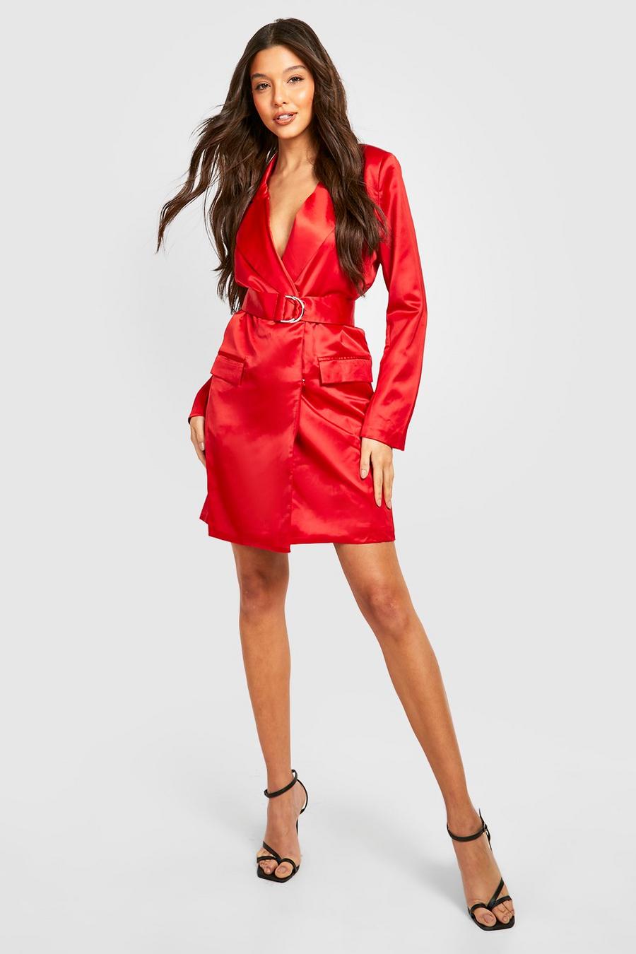 Red Satin Structured Belted Blazer Dress image number 1