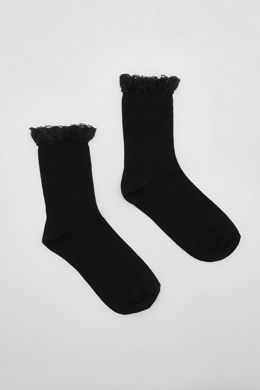Black Zwart Geribbelde Sokken Met Kanten Zoom (2 Paar) image number 1