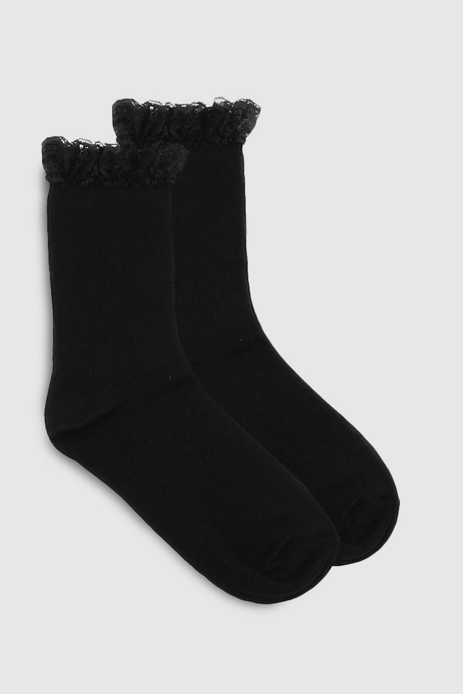 2 Pack Black Rib Sock With Lace Trim