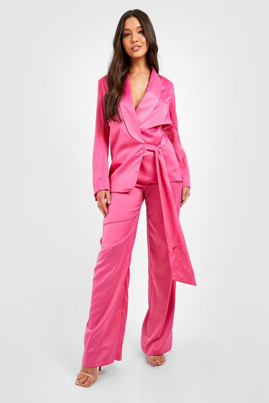 Pantalón entallado de raso con pernera ancha, Hot pink