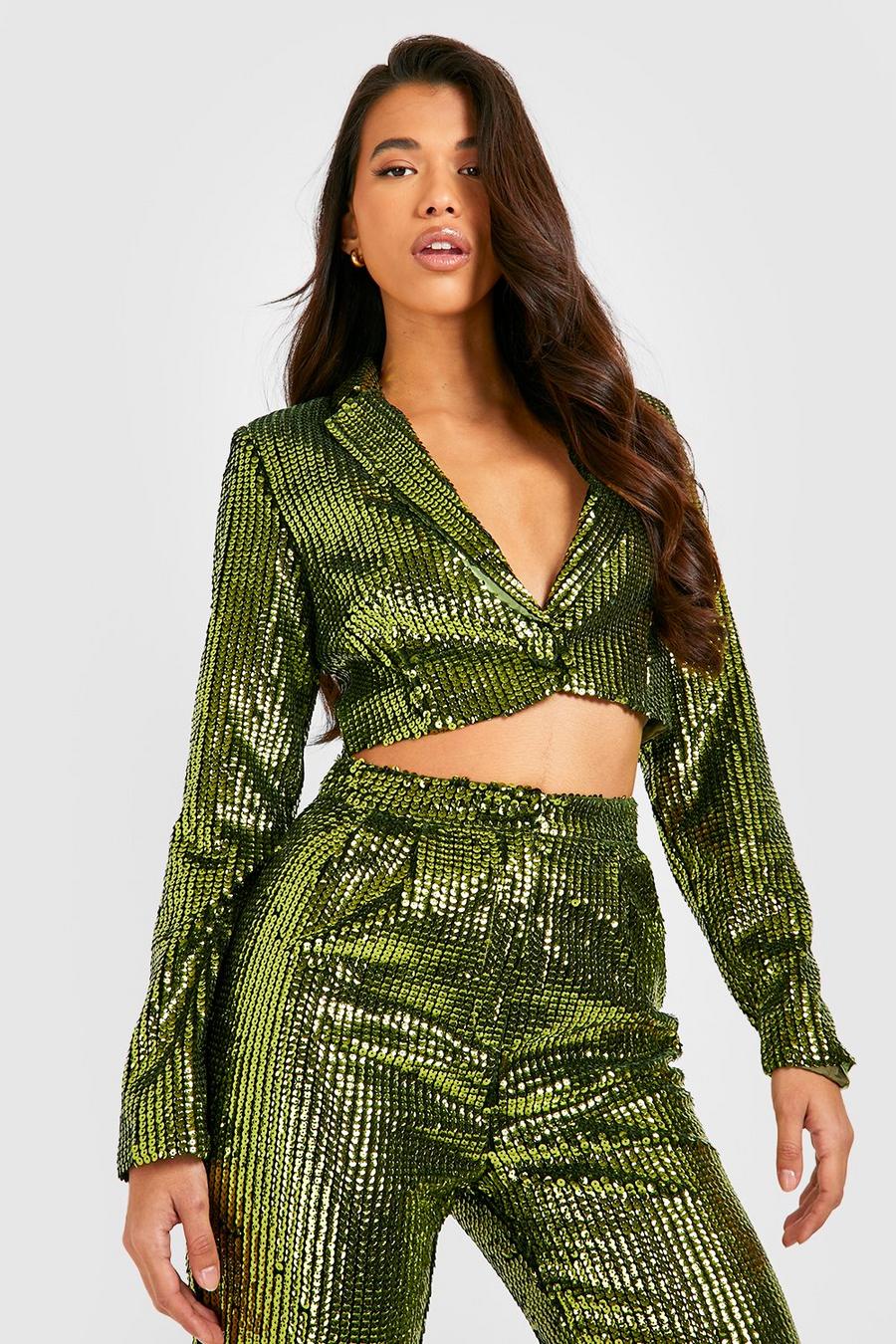 Olive Tall Sequin Cropped Blazer