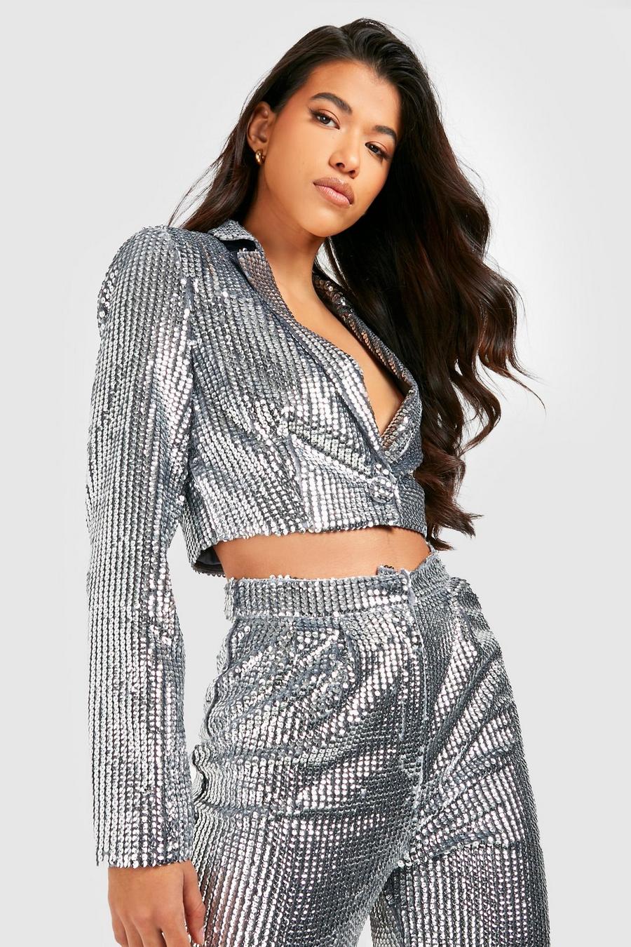 Pewter Tall Sequin Cropped Blazer