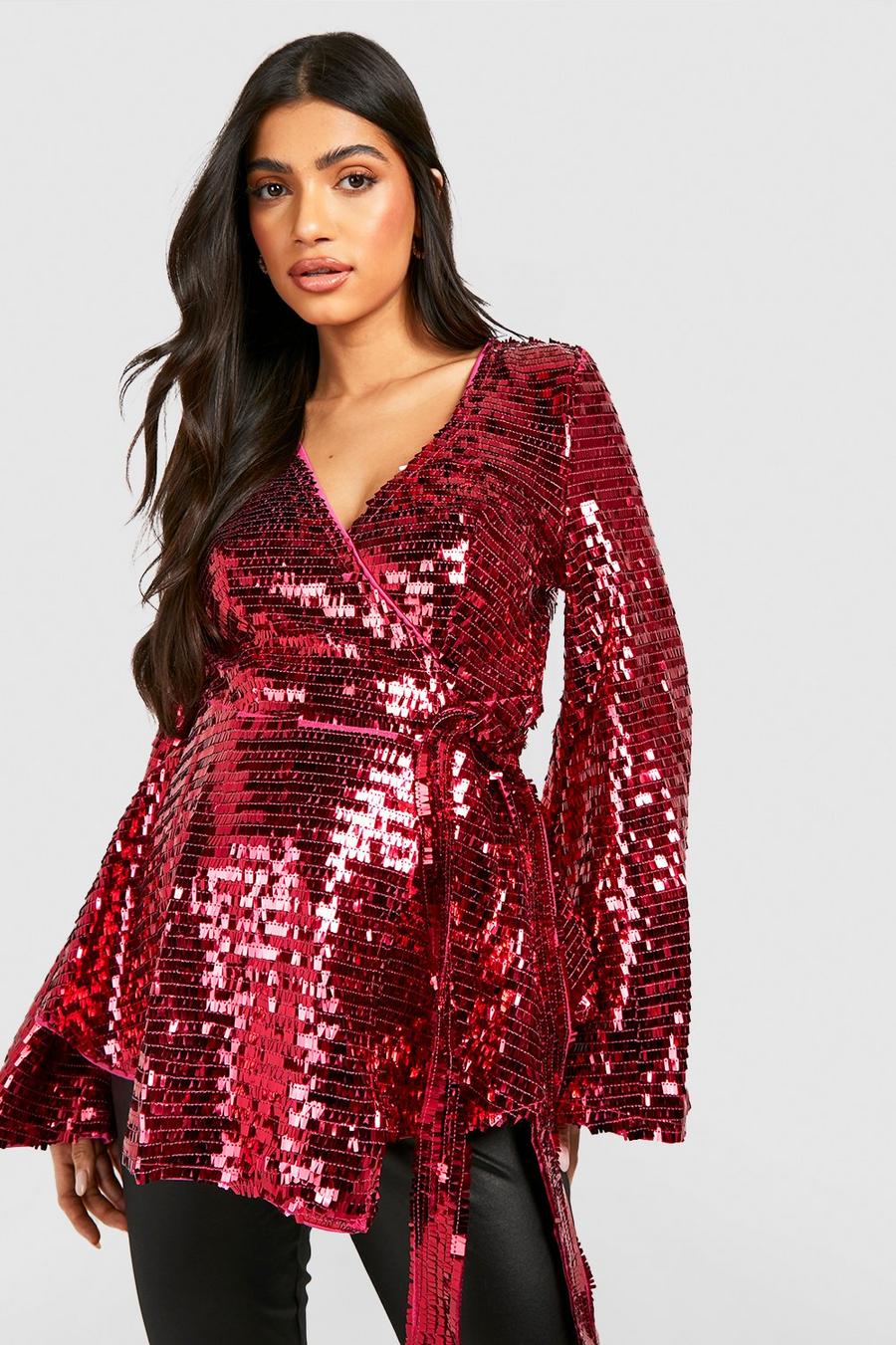 Pink Maternity Sequin Flare Sleeve Wrap Top