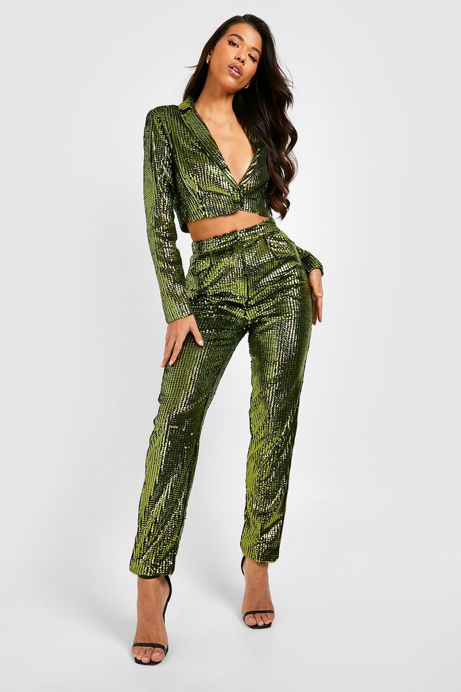 Olive Tall Sequin High Waist Trousers image number 1