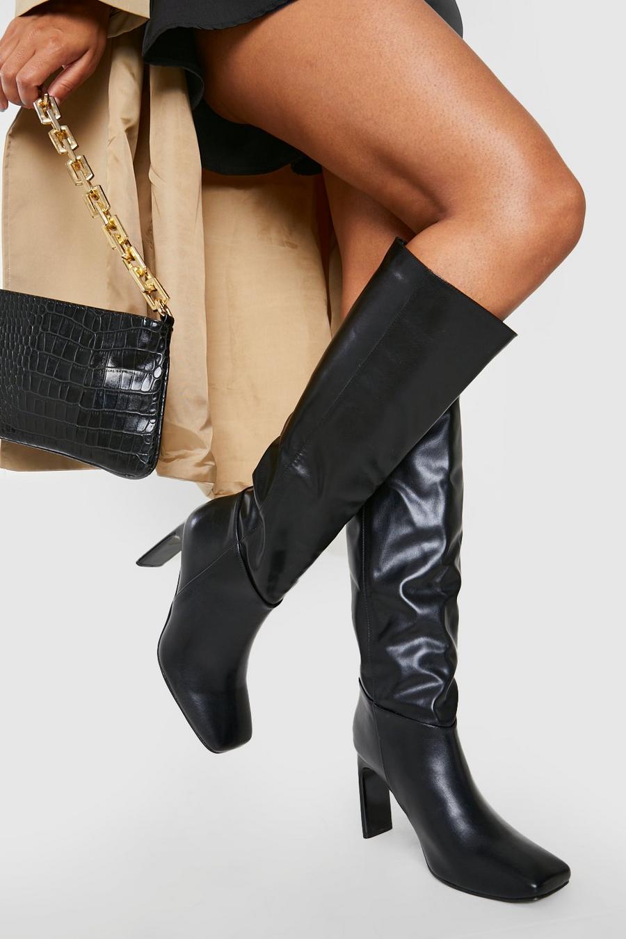 Black Square Toe Knee High Boots