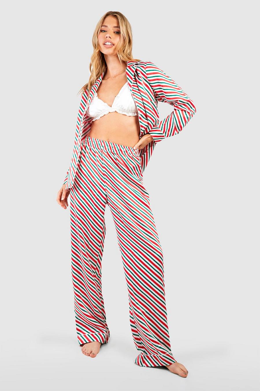 Red Christmas Candy Cane Stripe Satin Pajama Pants Set
