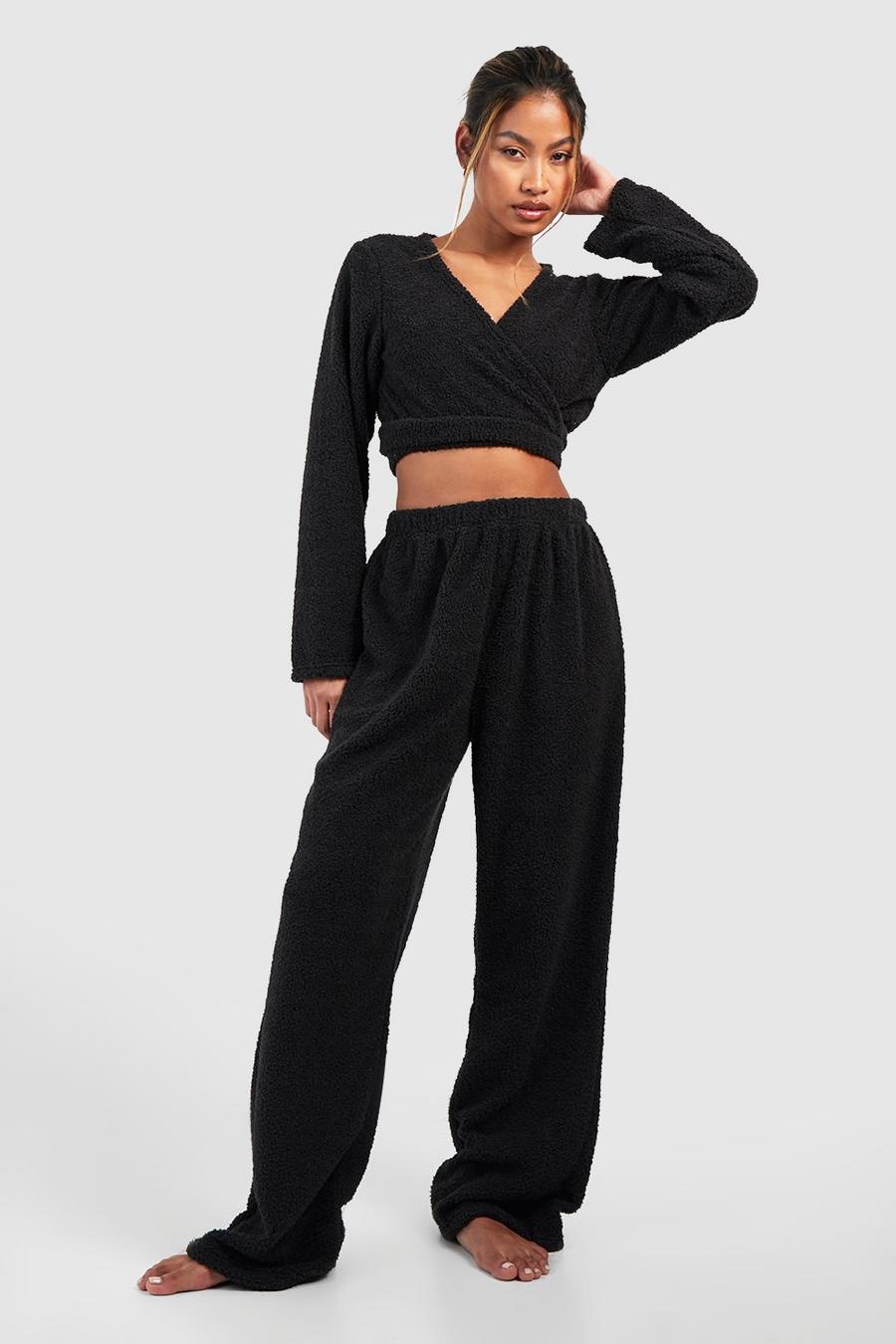 Black Hers Matching Teddy Wrap Top & Pants Loungewear Set