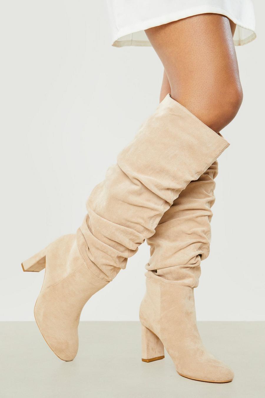 Sand Wide Width Ruched Detail Block Heel Boots