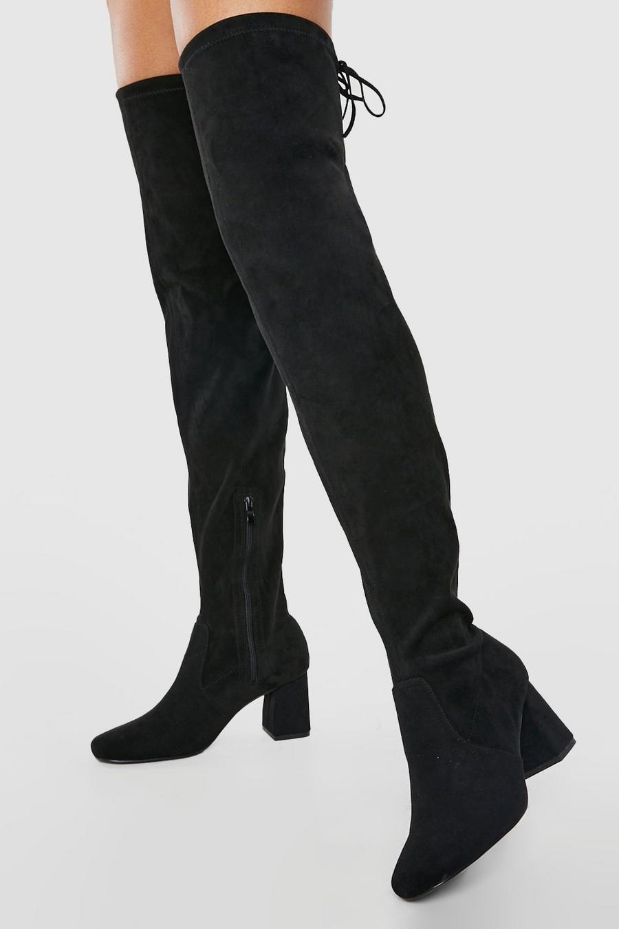 Black Wide Fit Over The Knee Block Heeled Boots image number 1