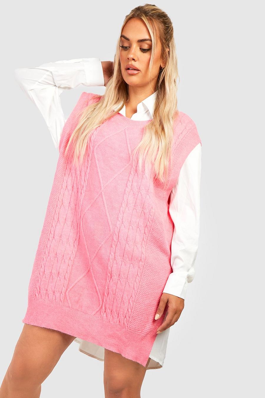 Hot pink Plus Knitted Vest 2 In 1 Shirt Dress