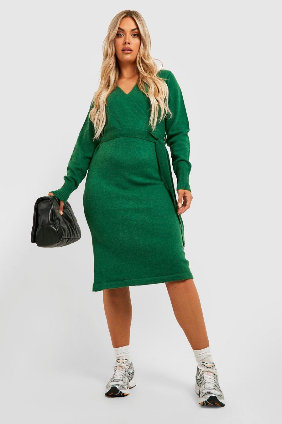 Forest Plus Belted Knitted Wrap Midi Dress