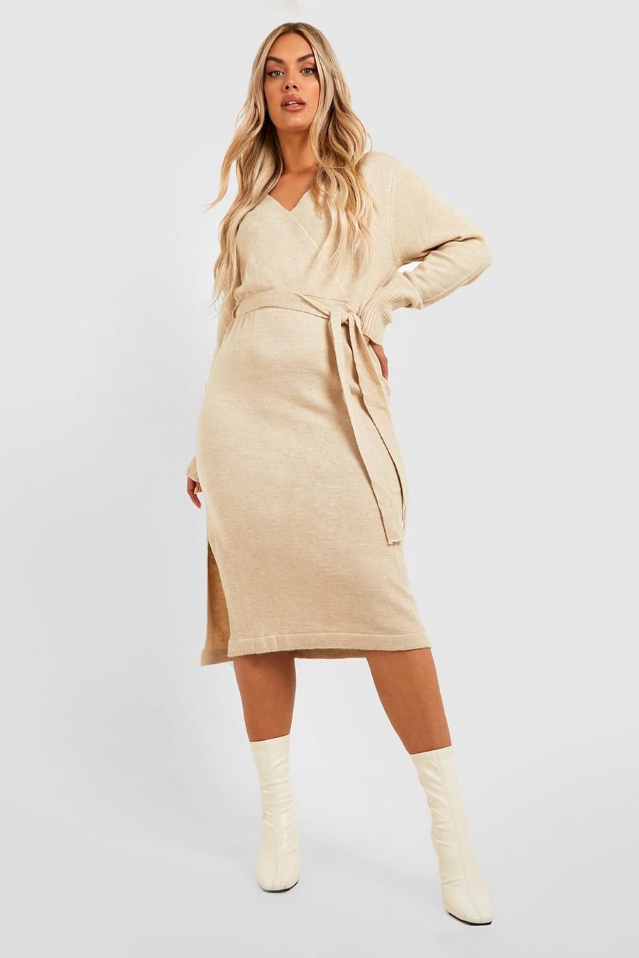Stone Plus Belted Knitted Wrap Midi Dress