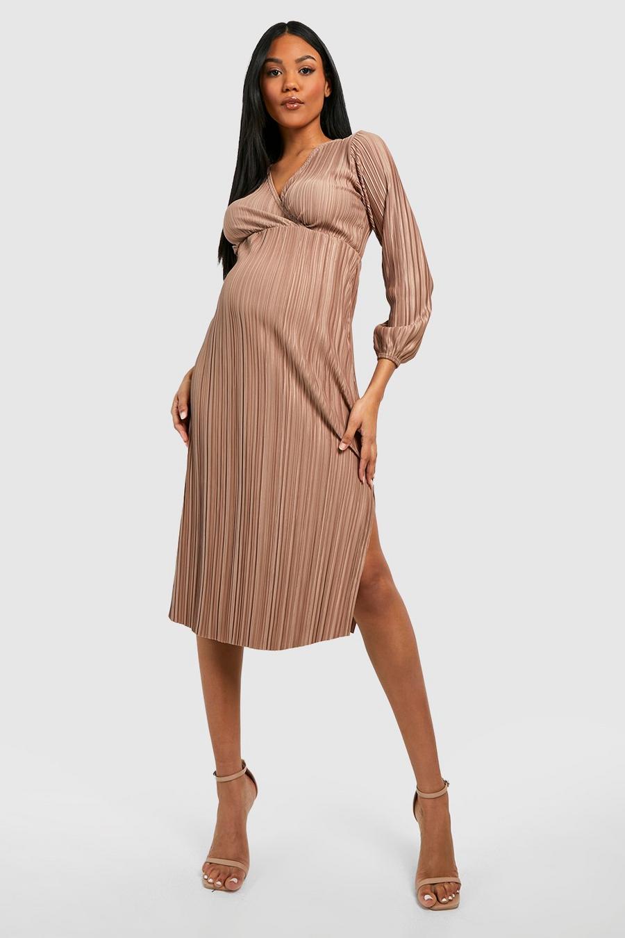 Mocha Maternity Plisse Tie Front Midi Dress