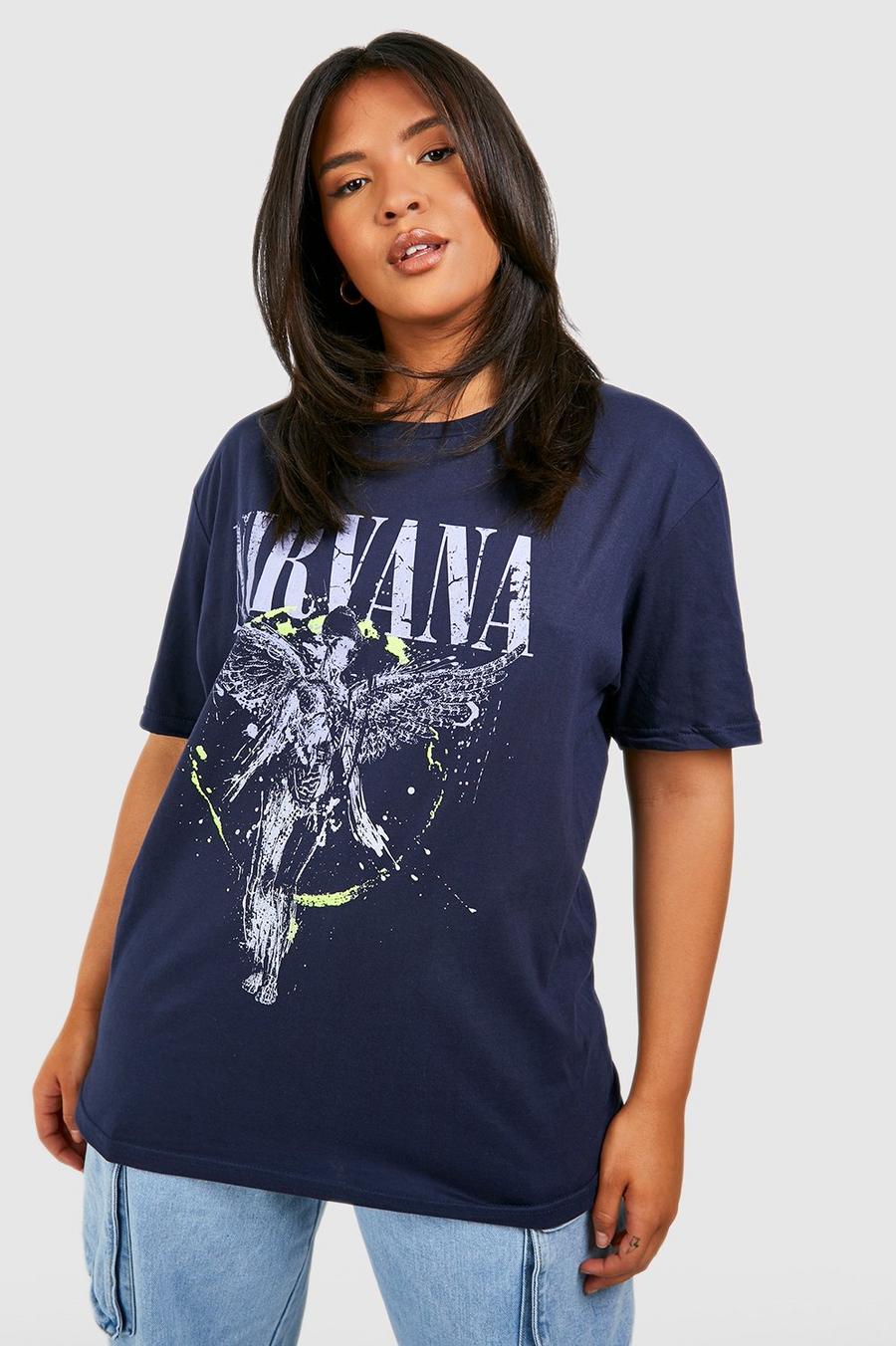 Camiseta Plus con estampado de Nirvana fosforito, Navy