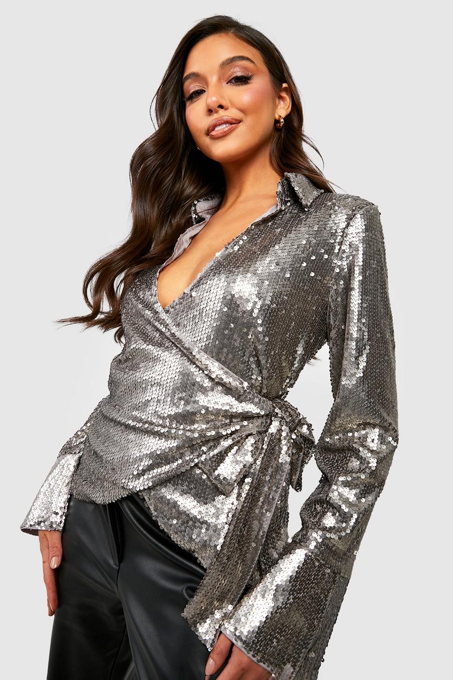 Silver Sequin Tie Side Wrap Shirt