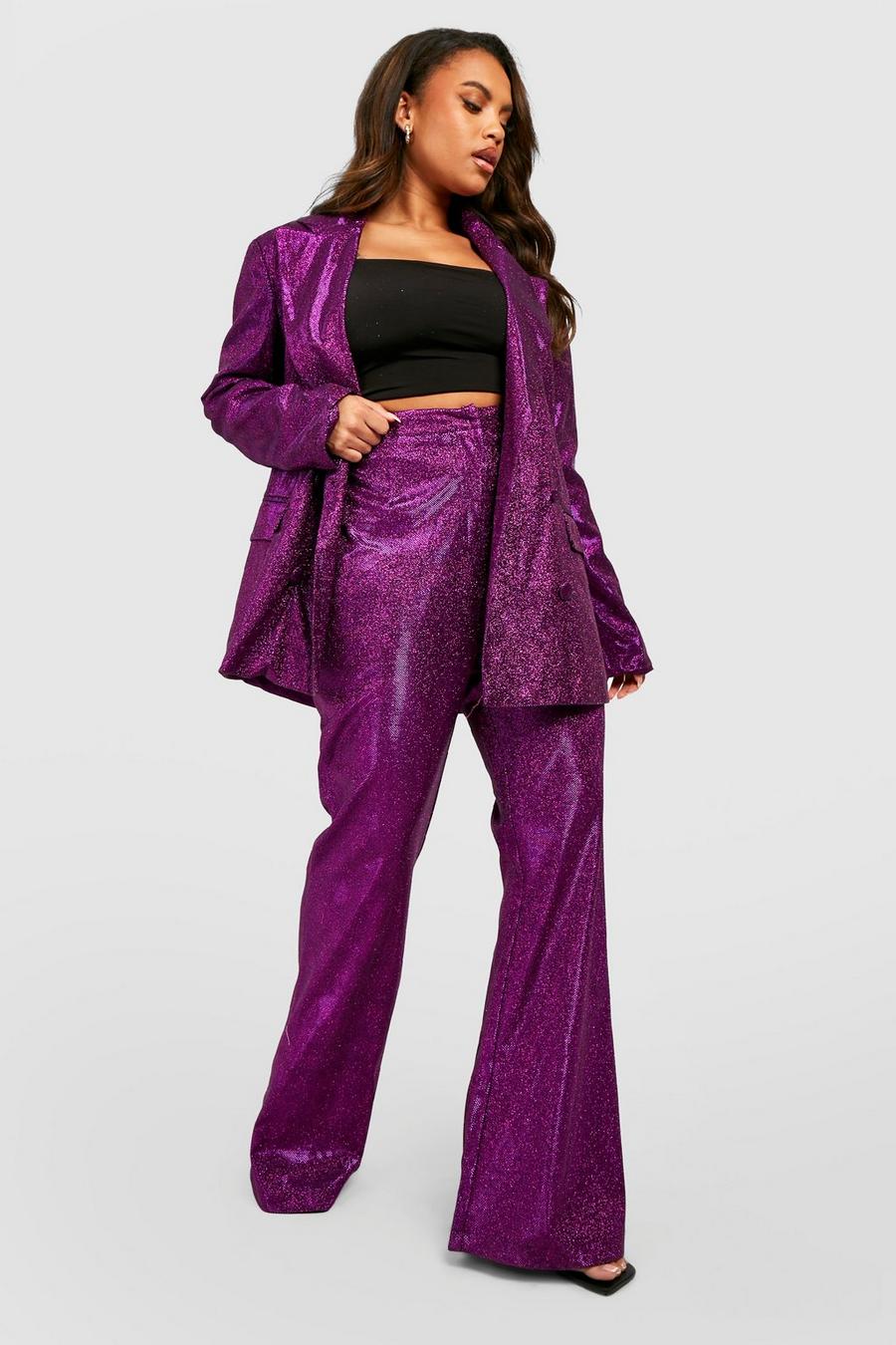 Pantalón Plus entallado recto con purpurina, Hot pink