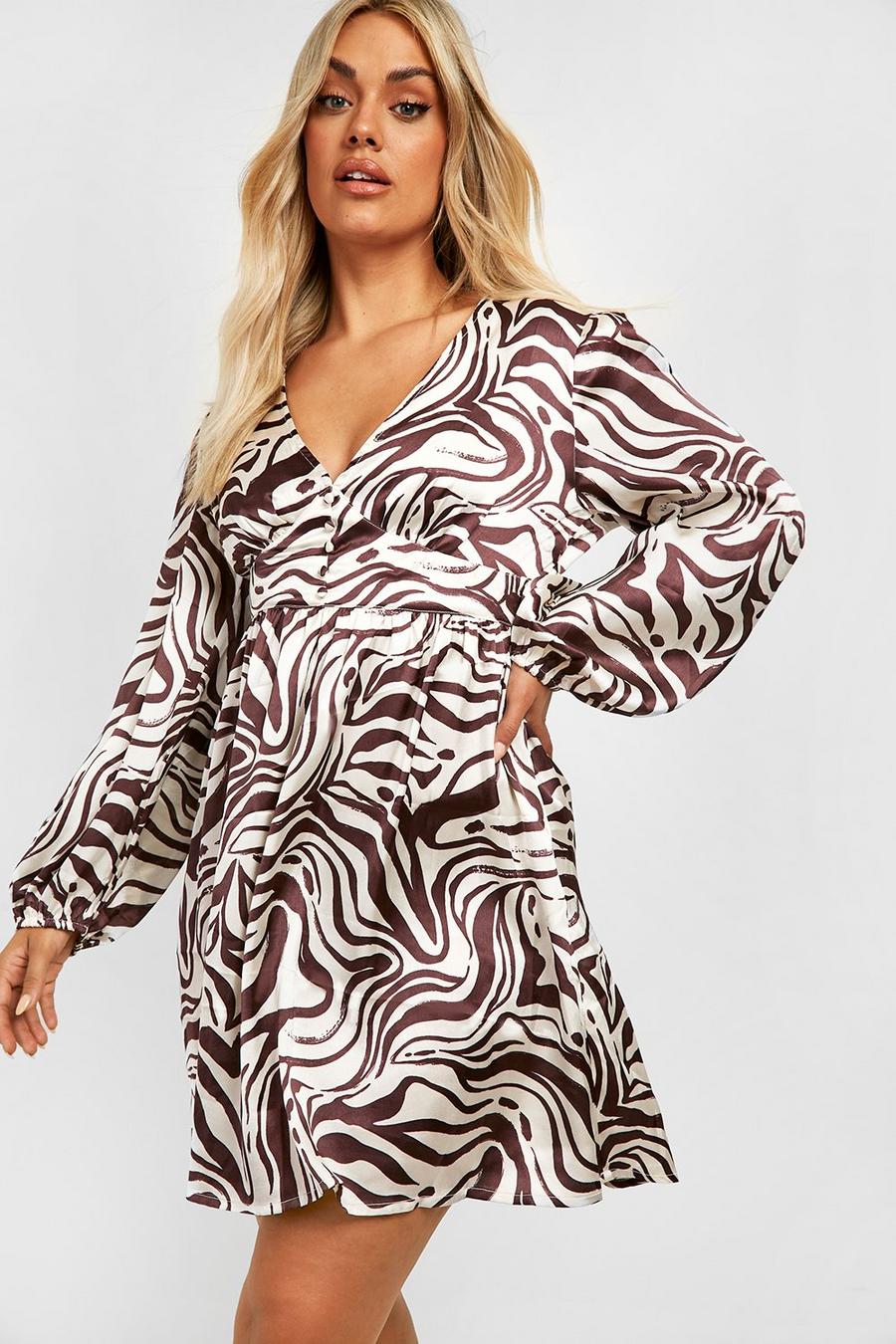 Brown Plus V-ringad zebramönstrad klänning