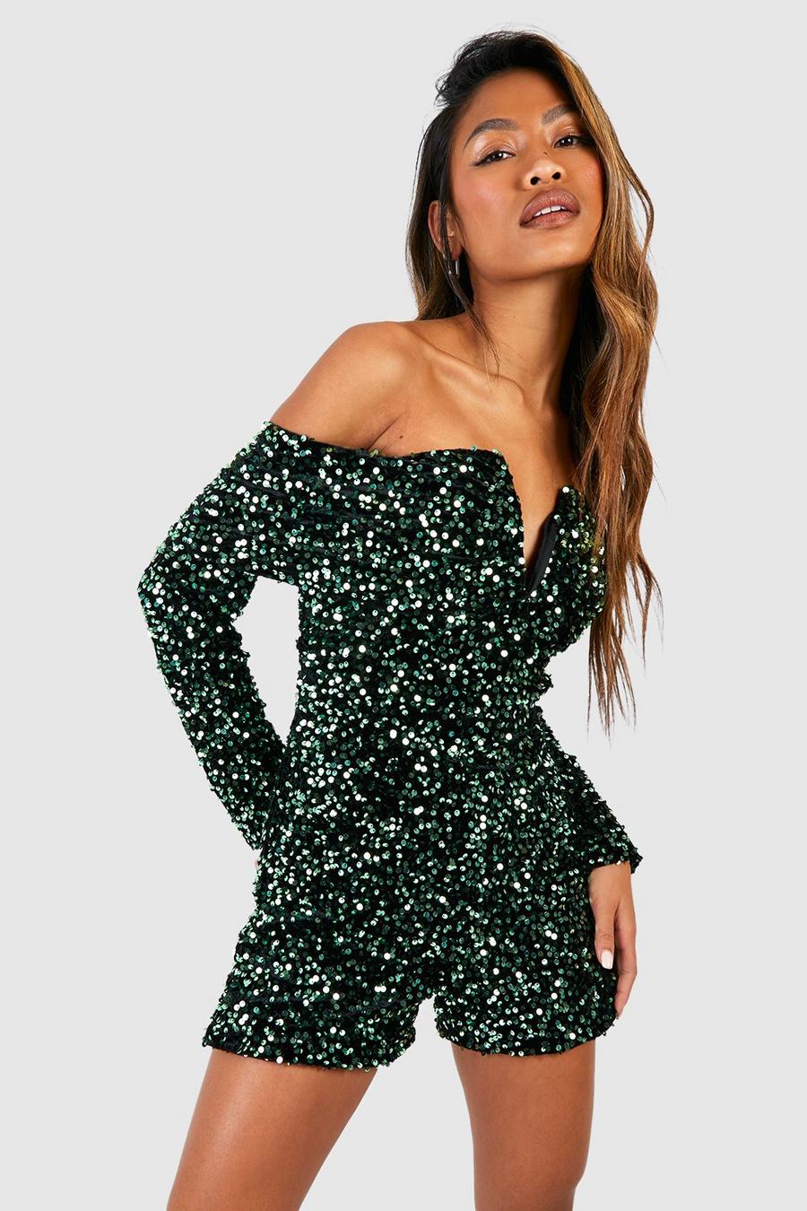 Pailletten Bardot-Playsuit mit tiefem Ausschnitt, Emerald