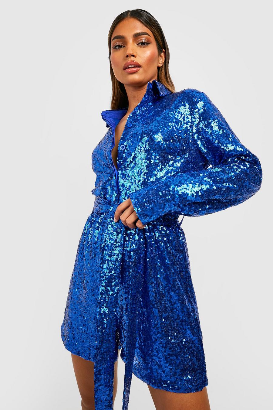 Blue Sequin Shirt Oversized Romper