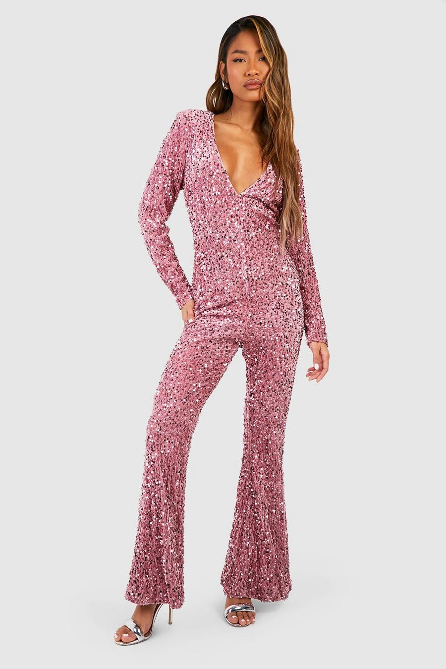 Rose Flared Glitter Jumpsuit Met Pailletten En Schouderpads image number 1