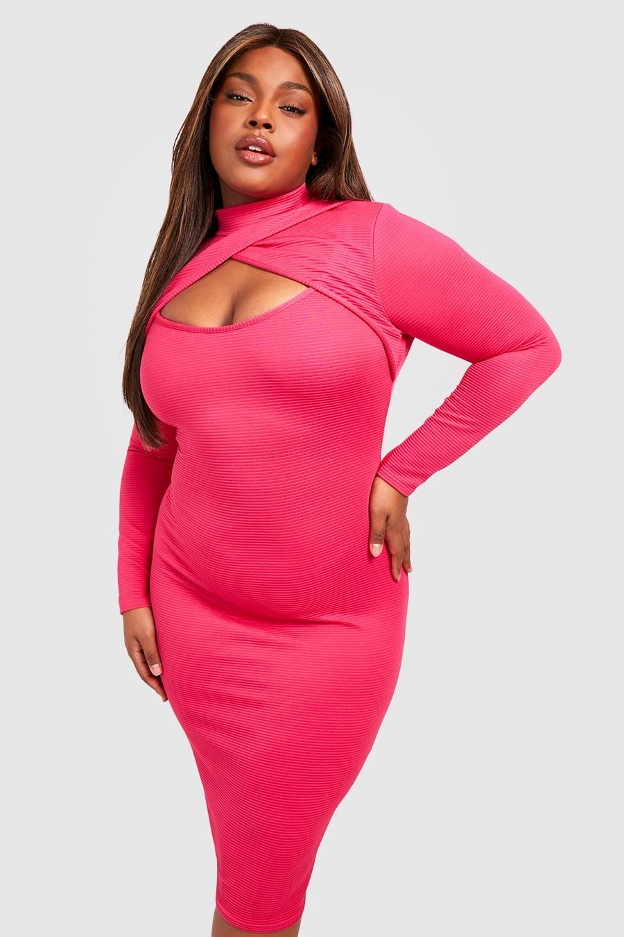 Grande taille - Robe mi-longue en maille côtelée épaisse, Hot pink image number 1