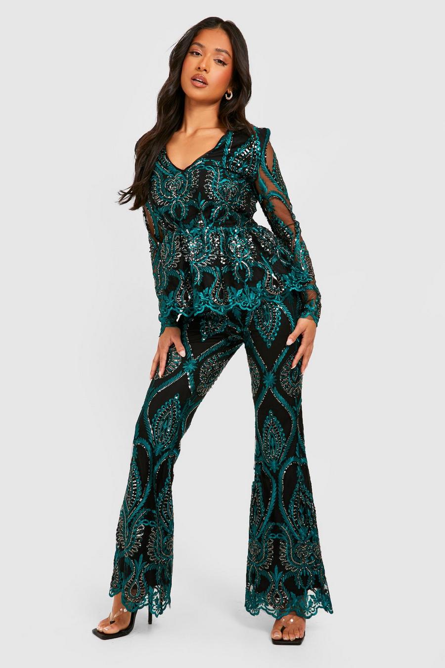 Teal Petite Damask Sequin Wide Leg Trousers image number 1