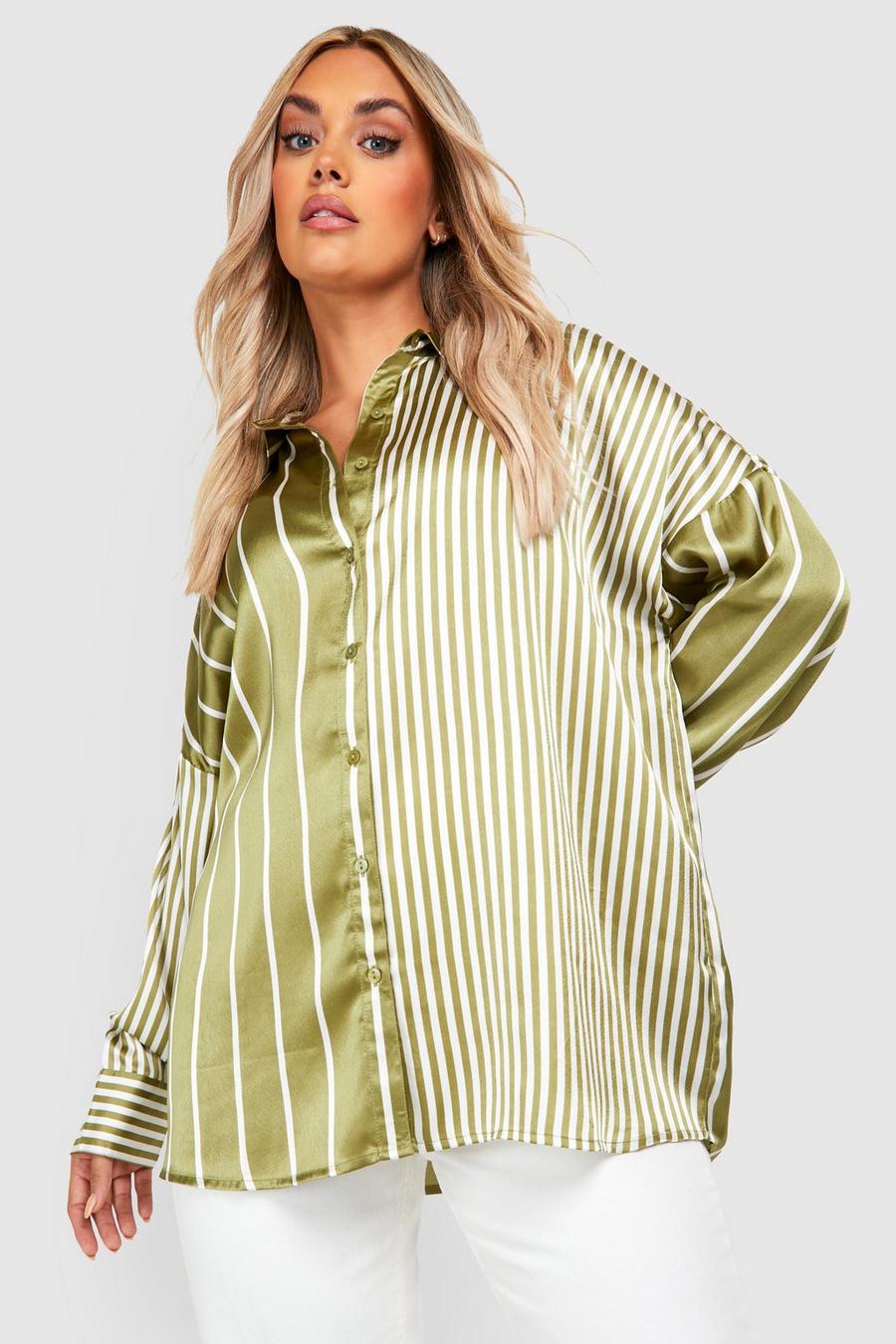 Camicia Plus Size in raso a righe miste, Khaki