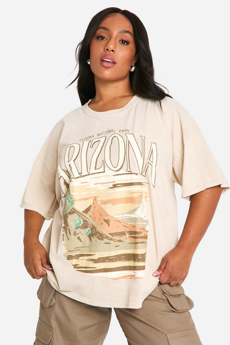 Grande taille - T-shirt oversize délavé à slogan Arizona, Stone