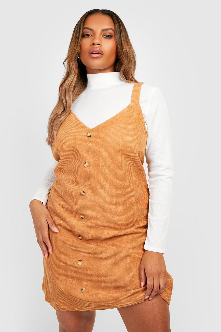 Camel Plus Cord Button Down Jumper Dress image number 1