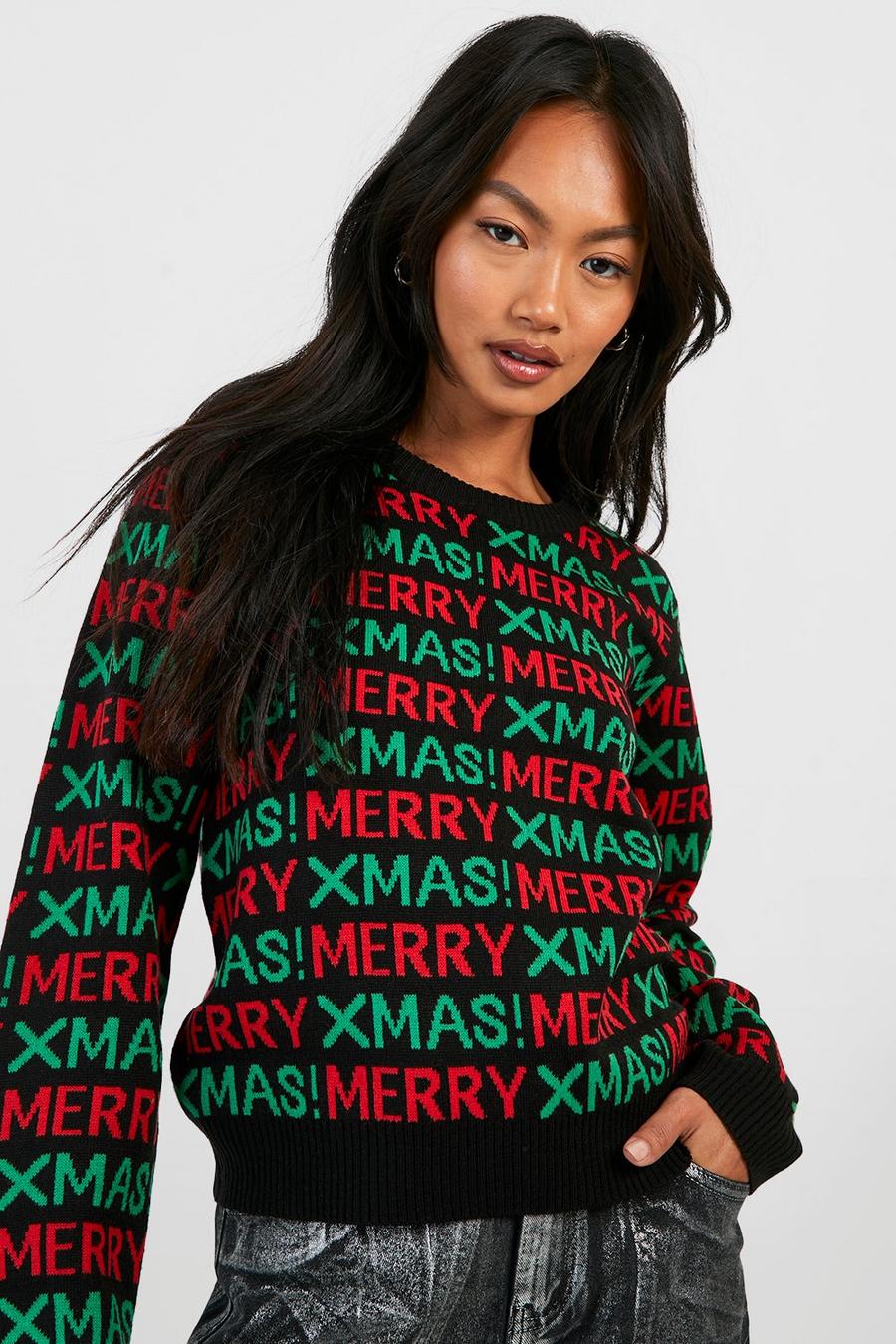 Maglione natalizio con slogan Merry Xmas, Black