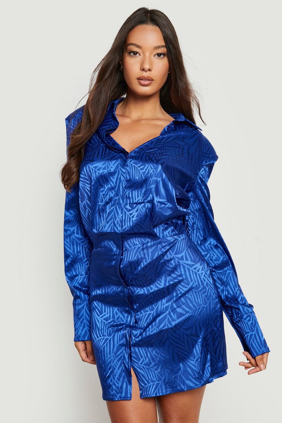 Cobalt Jacquard Satin Shoulder Pad Shirt Dress