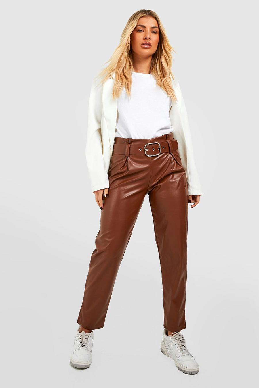Chocolate Leather Look Belted High Waisted Pants