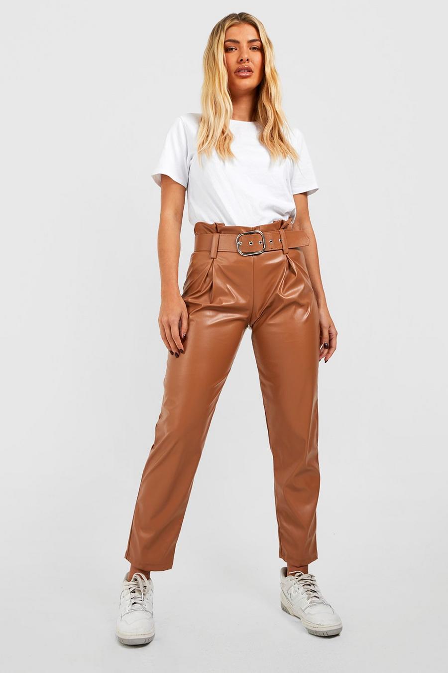 Tan Leather Look Belted High Waisted Trousers image number 1