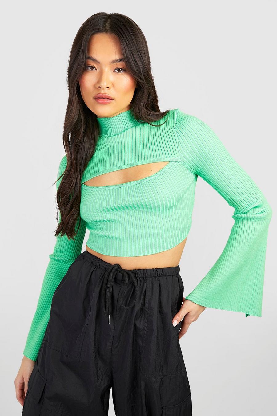 Green Two Tone High Neck Cut Out Detail Knit