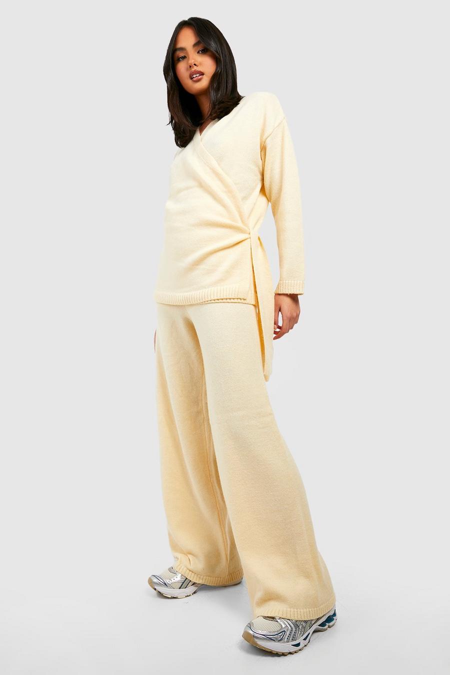 Cream Knitted Wrap Sweater & Flared Pants Two-Piece