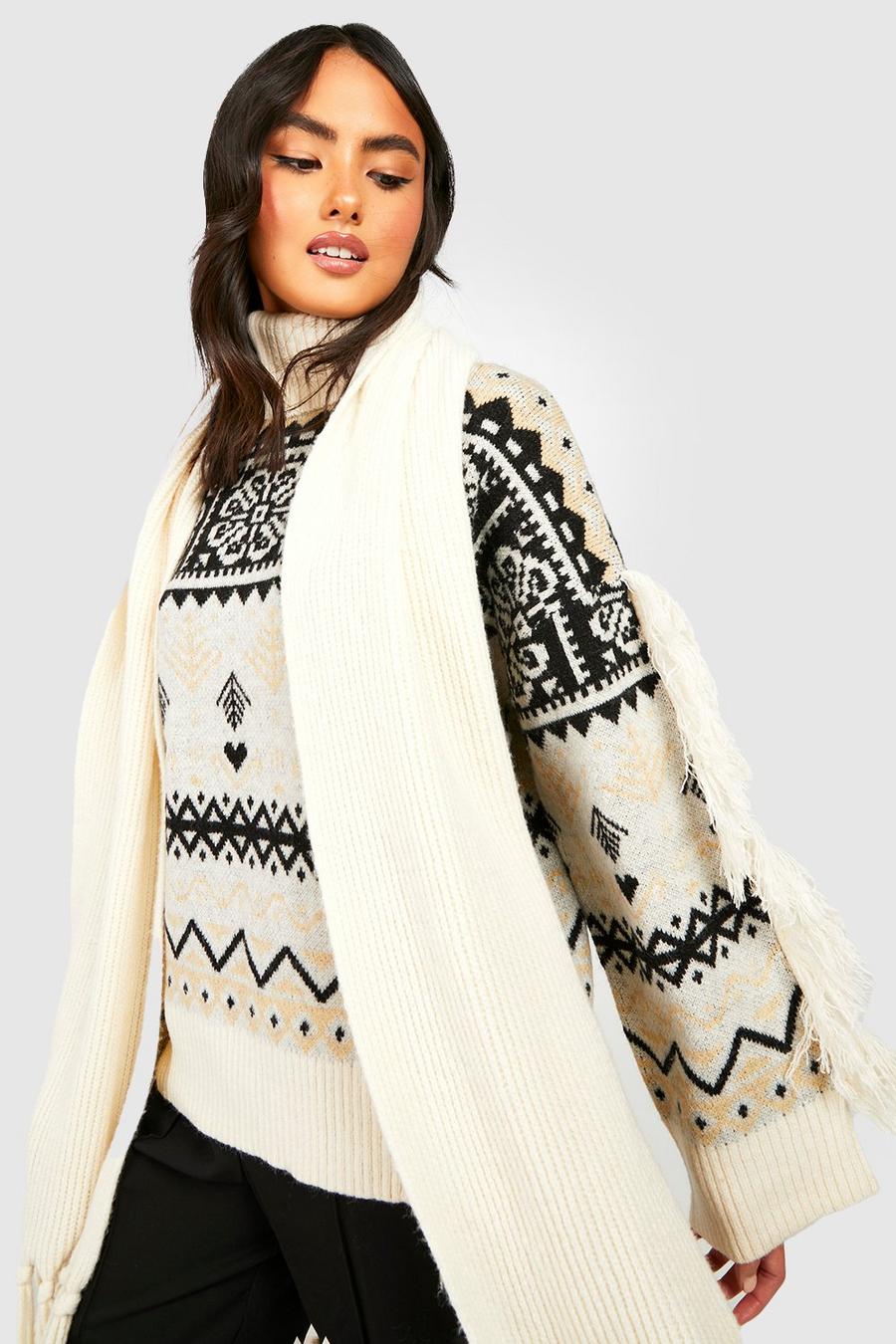 Cream Fairisle Knitted Sweater With Fringing image number 1