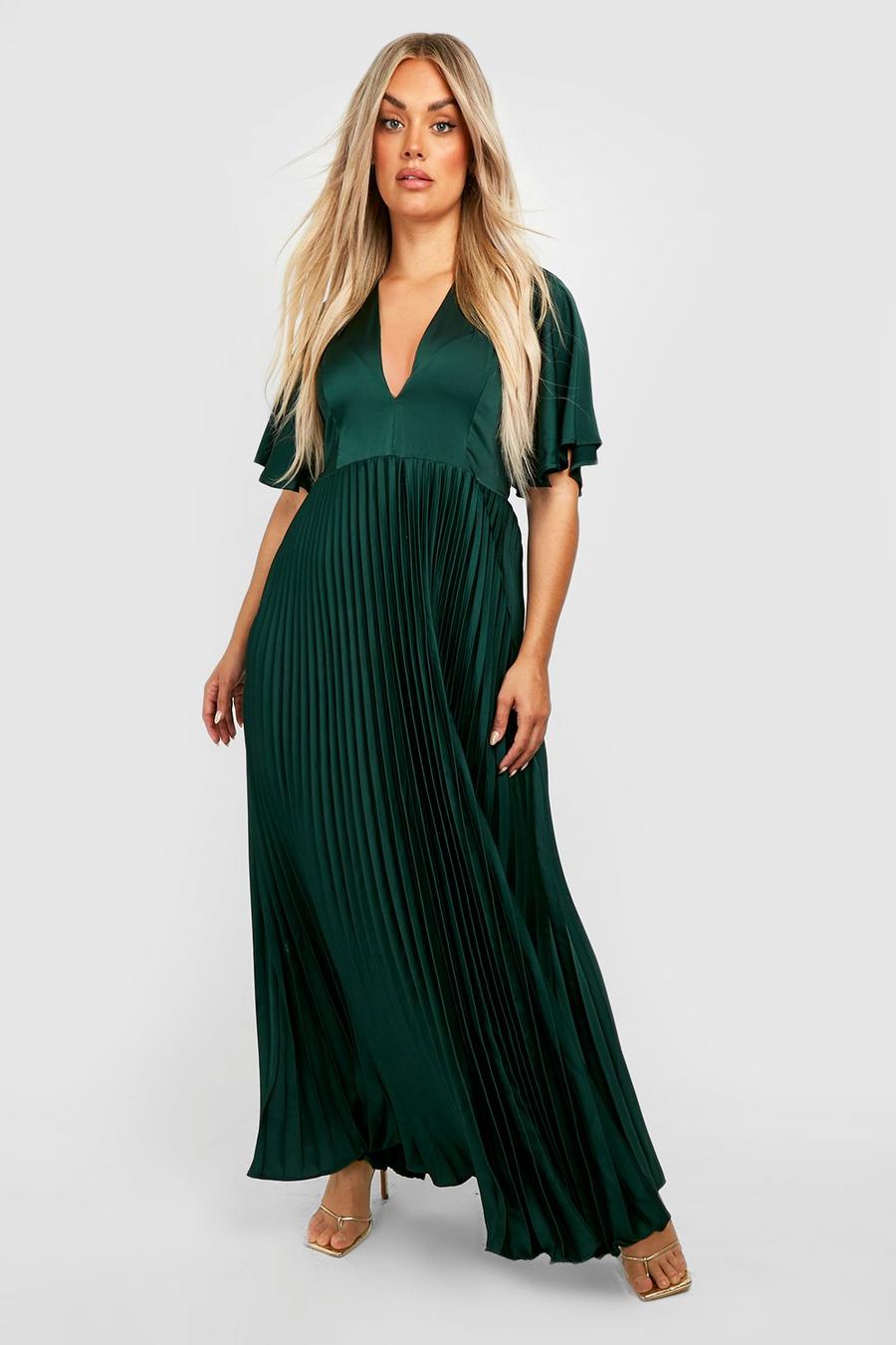 Emerald green Plus Satin Pleated Plunge Occasion Maxi Dress