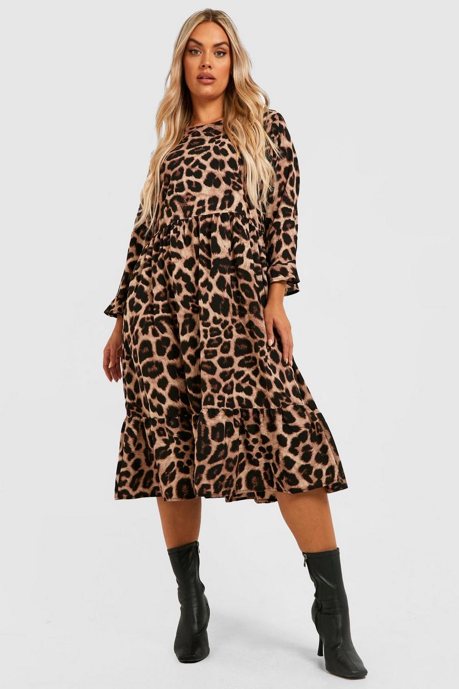 Brown Plus Woven Leopard Midi Smock Dress image number 1