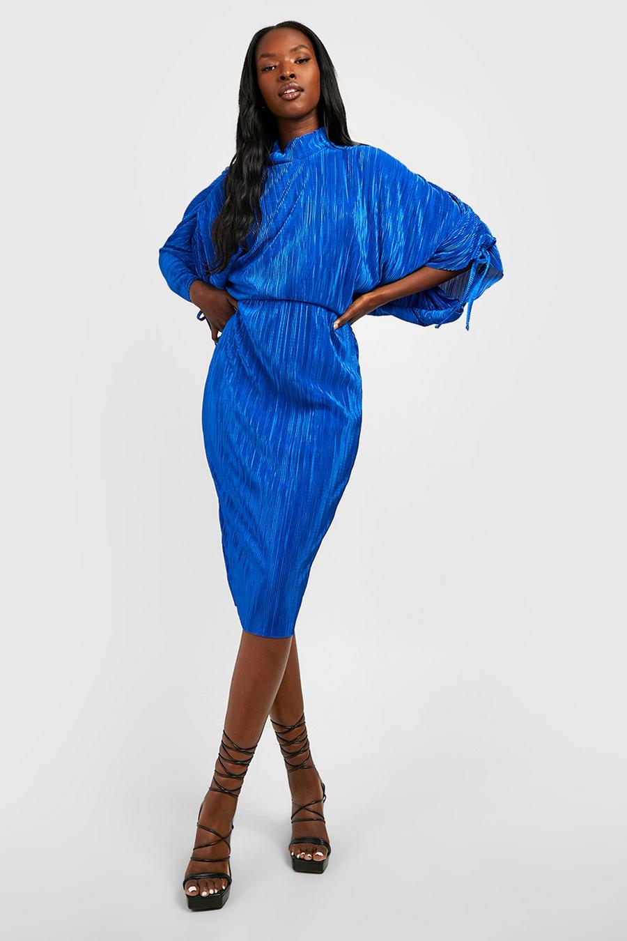 Cobalt Plisse High Neck Rouched Sleeve Midi Dress