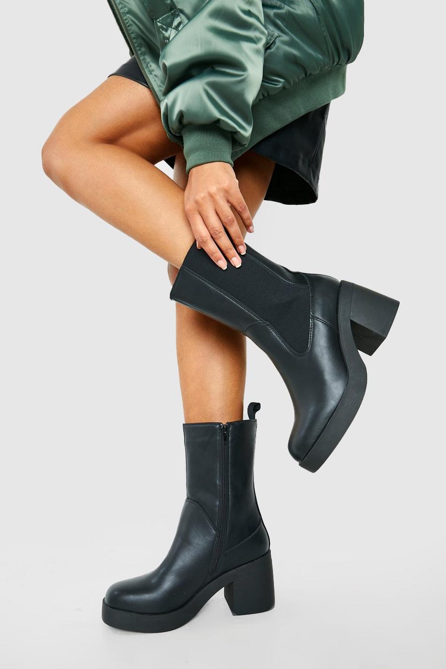 Black Wide Fit Block Heel Platform Chelsea Boots