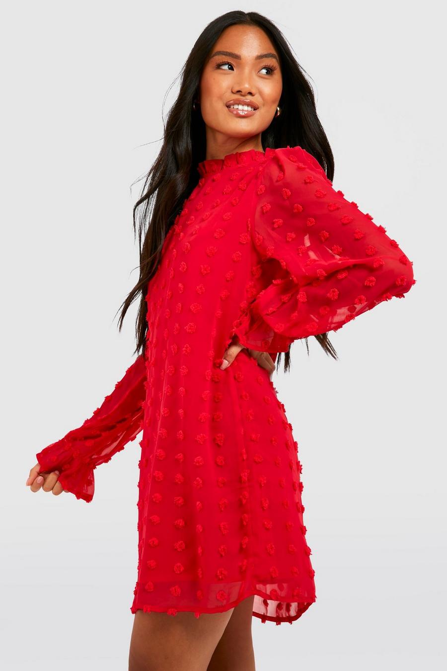 Red Petite Dobby Textured High Neck Shift Dress
