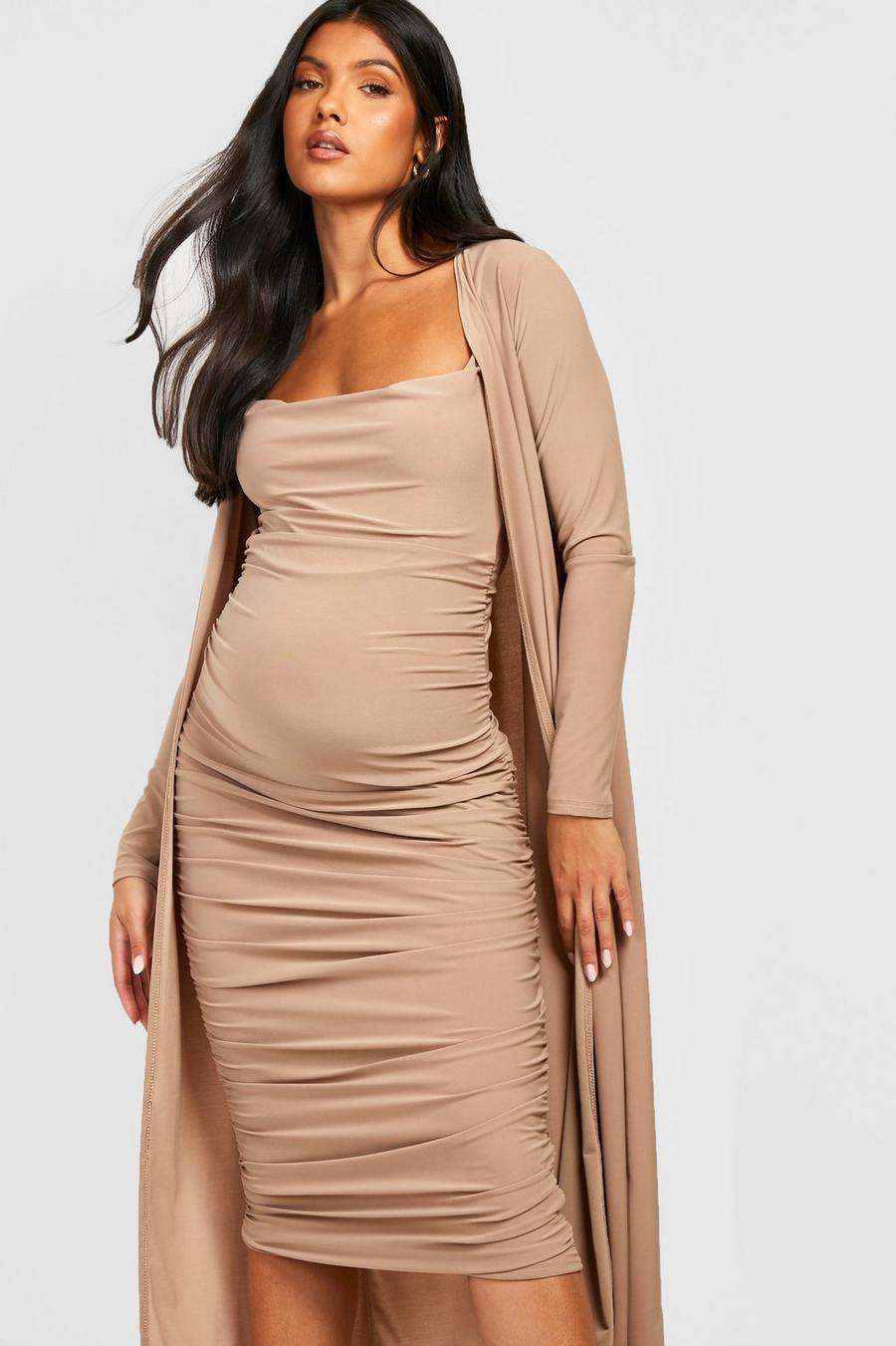 Camel Maternity Strappy Cowl Neck Dress And Duster