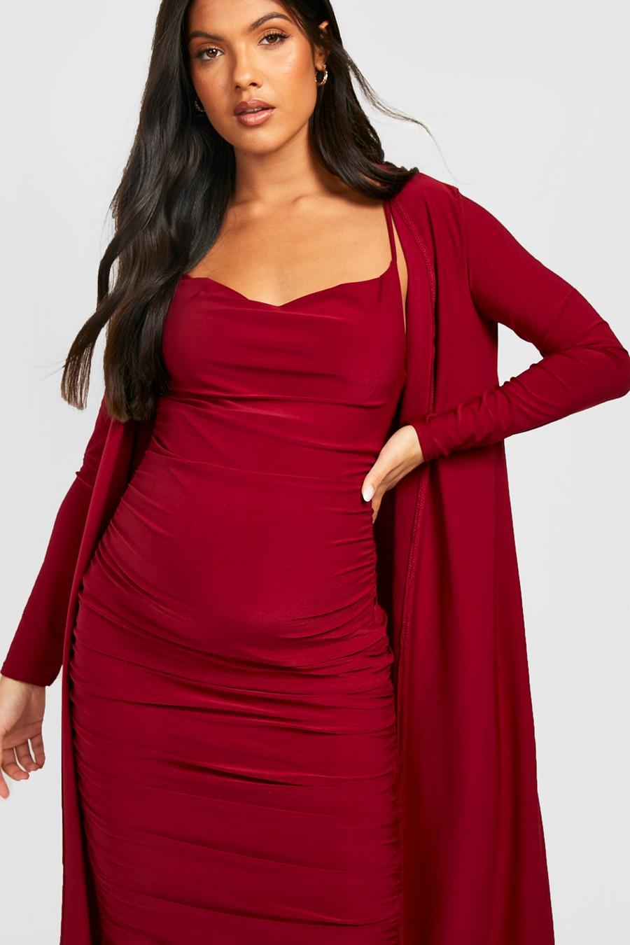 Wine Maternity Strappy Cowl Neck Dress And Duster