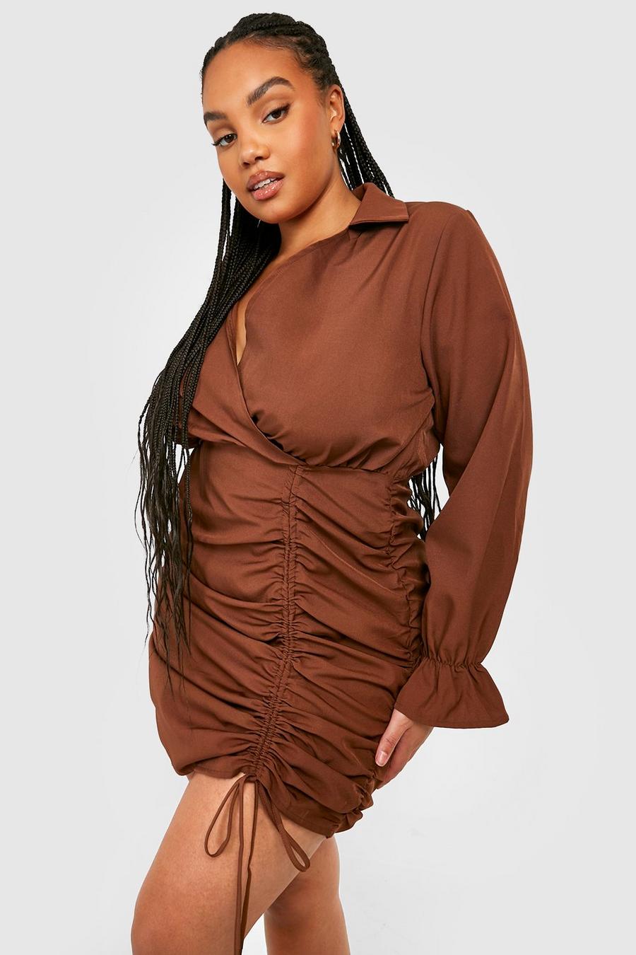 Vestito camicia Plus Size a maniche lunghe con ruches, Chocolate