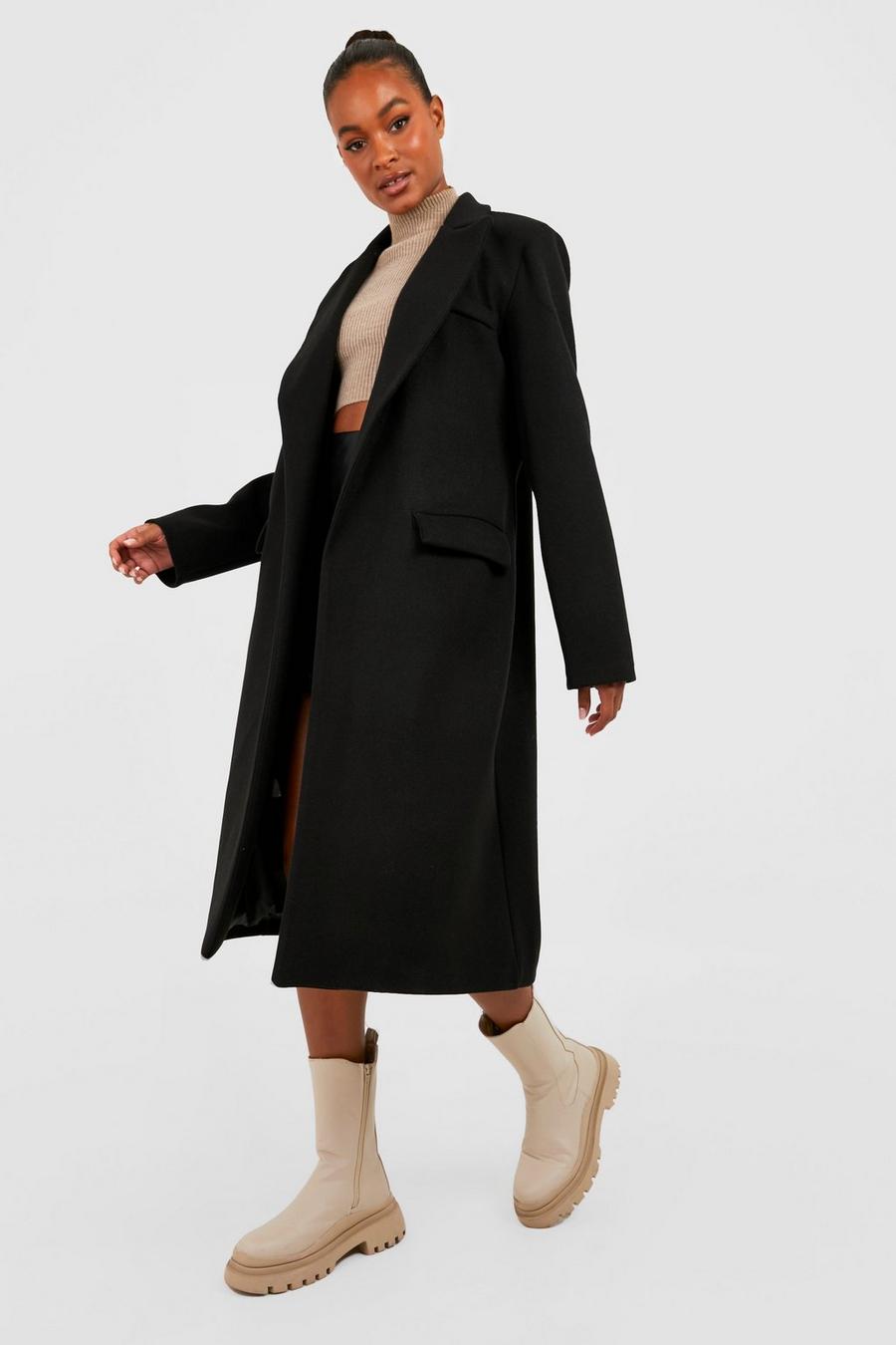 Black Tall Double Breasted Pocket Wool Look Coat